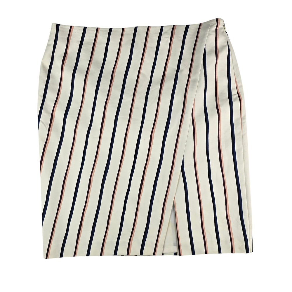 Ann Taylor Factory Faux Wrap Pencil Skirt‎ Womens 14 White Navy Pink Striped Zip